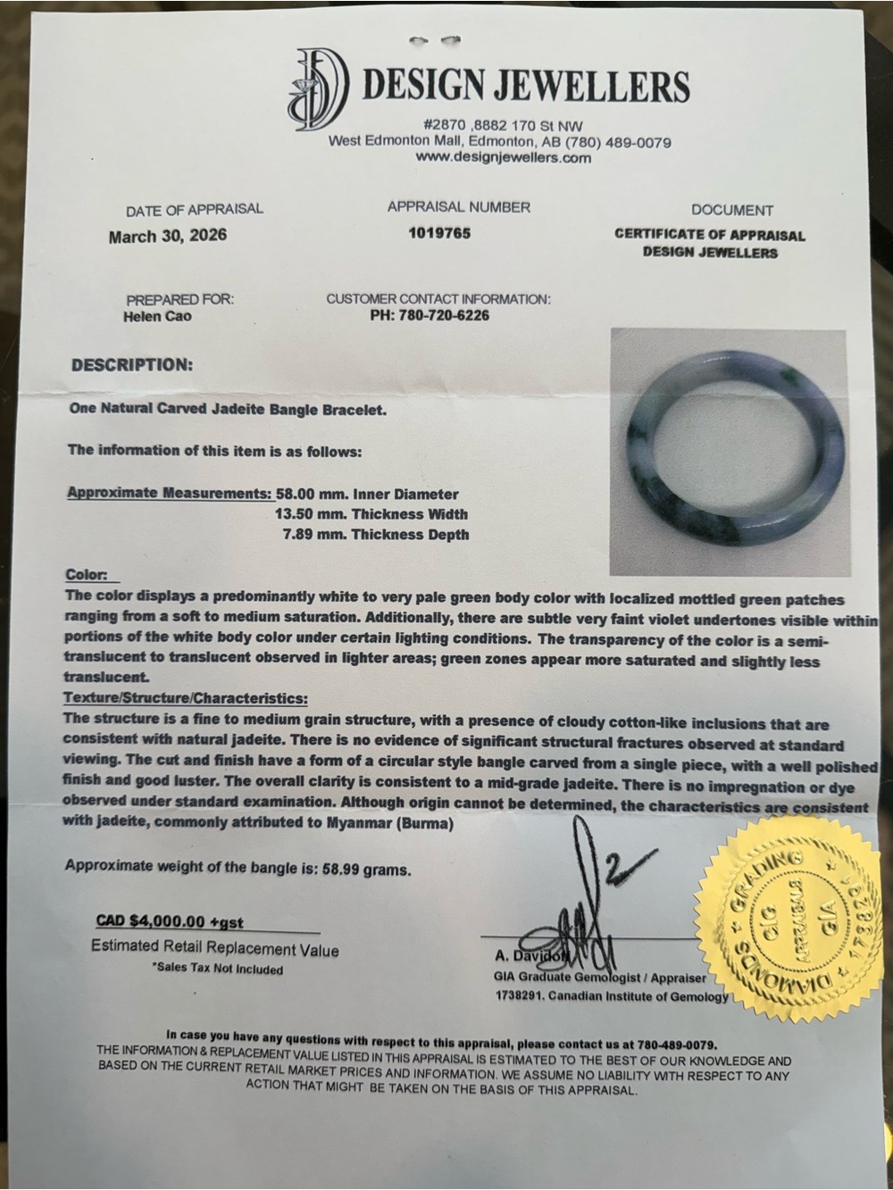 $4000CAD GIA Appraisal Jade-Inspired Green & White Bangle Bracelet size 58mm - Picture 13 of 14